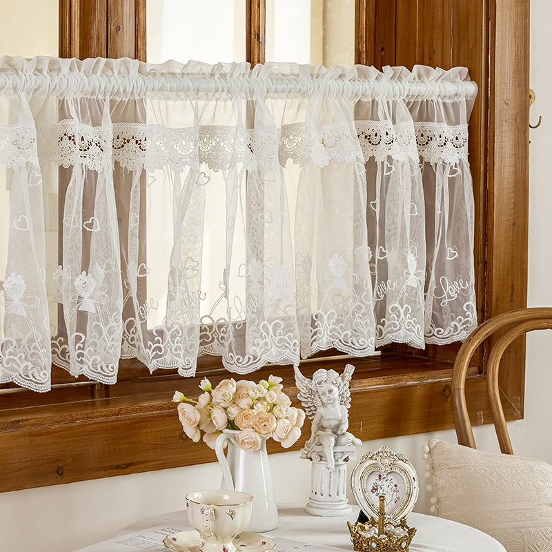 法式蕾丝镂空刺绣半帘飘窗帘半截咖啡帘免打孔厨房门帘短帘小窗帘
