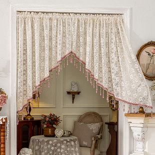 法式吊珠半截门帘蕾丝粉色刺绣氛围感门帘半帘免打孔拱形短纱帘