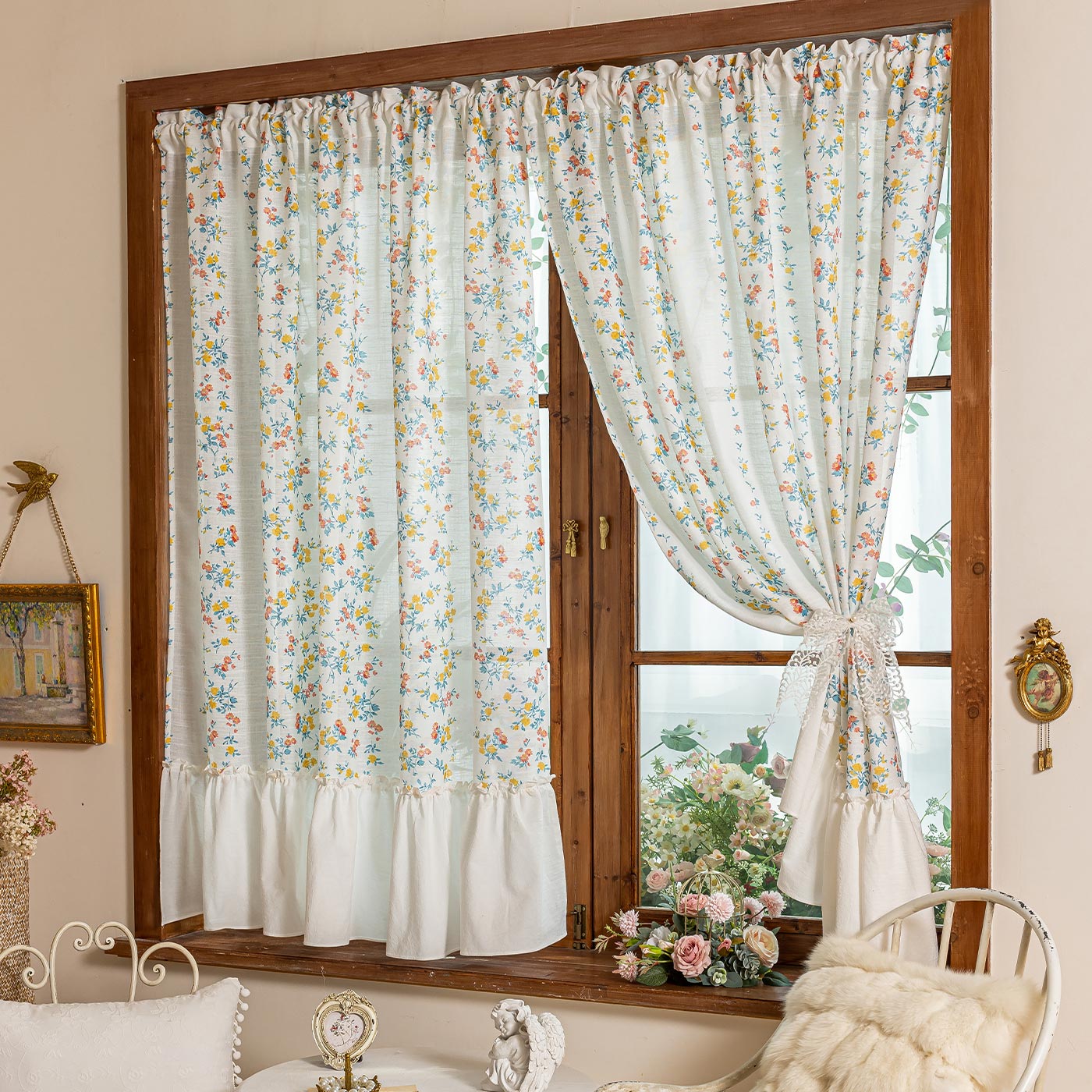 氛围感法式复古碎花小窗帘美式半帘田园风隐私门帘卧室厨房隔断帘