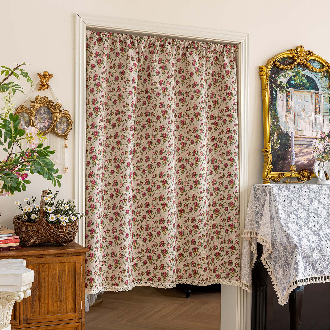 美式门帘复古田园碎花隔断帘家用卧室布帘子厕所遮挡帘厨房挂帘