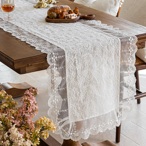 高级感白色蕾丝桌旗中间长条桌布茶几法式复古电视柜盖巾垫床旗