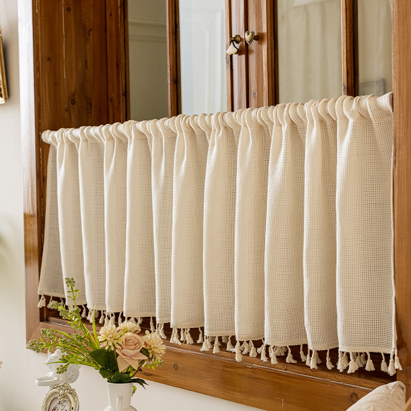 日式简约短帘半帘门帘卫生间厨房飘窗透光不透人免打孔穿杆款纱帘