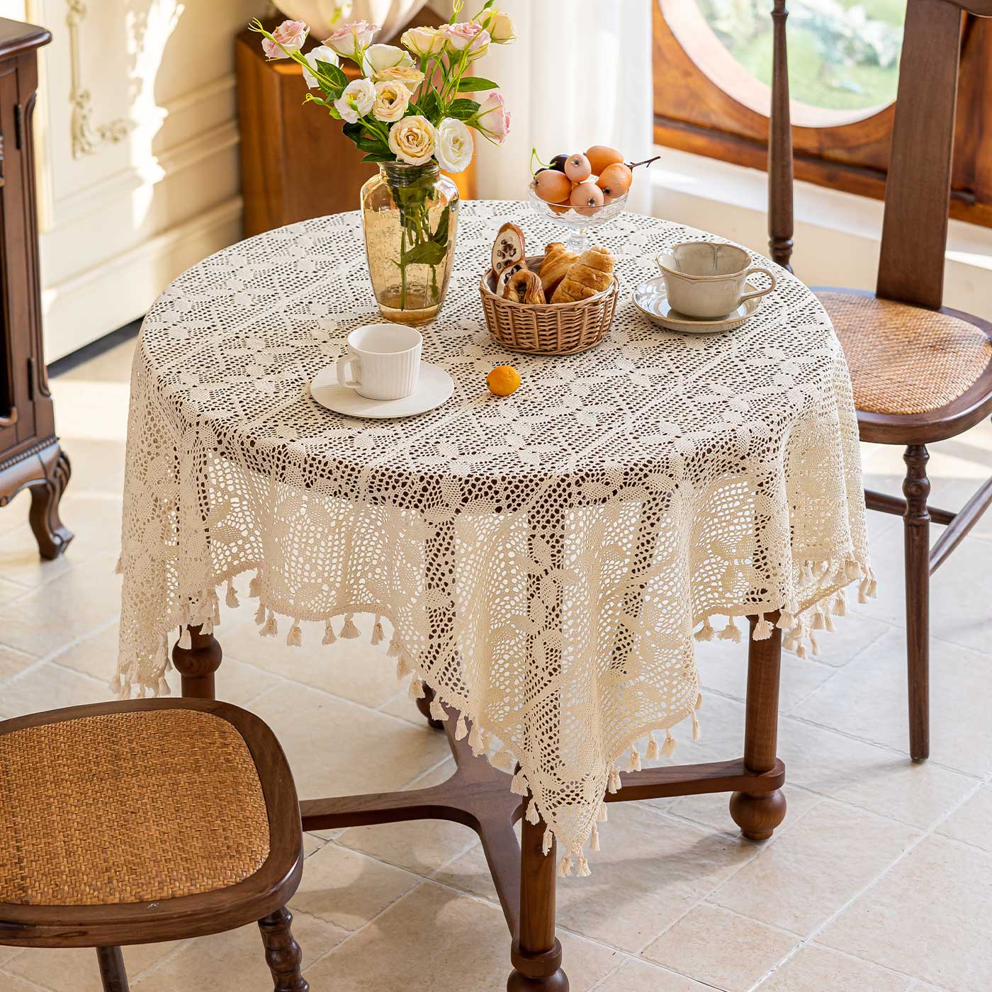 法式田园乡村纯手工钩织棉线镂空圆桌餐桌布茶几布钢琴盖布长方形