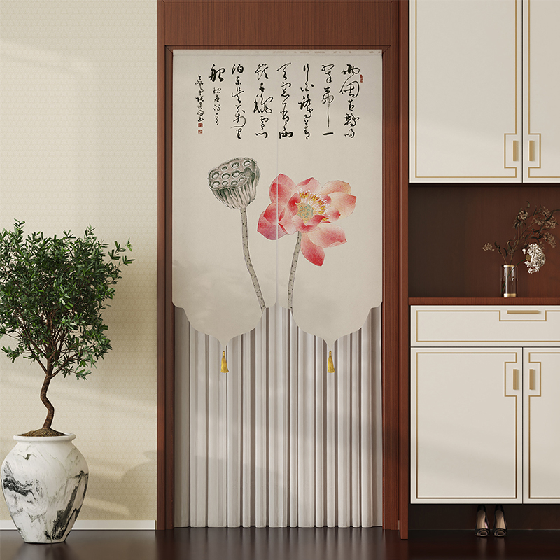 防蚊门帘新中式荷花禅意房间隔断遮挡帘家用免打孔布艺半帘隐私帘