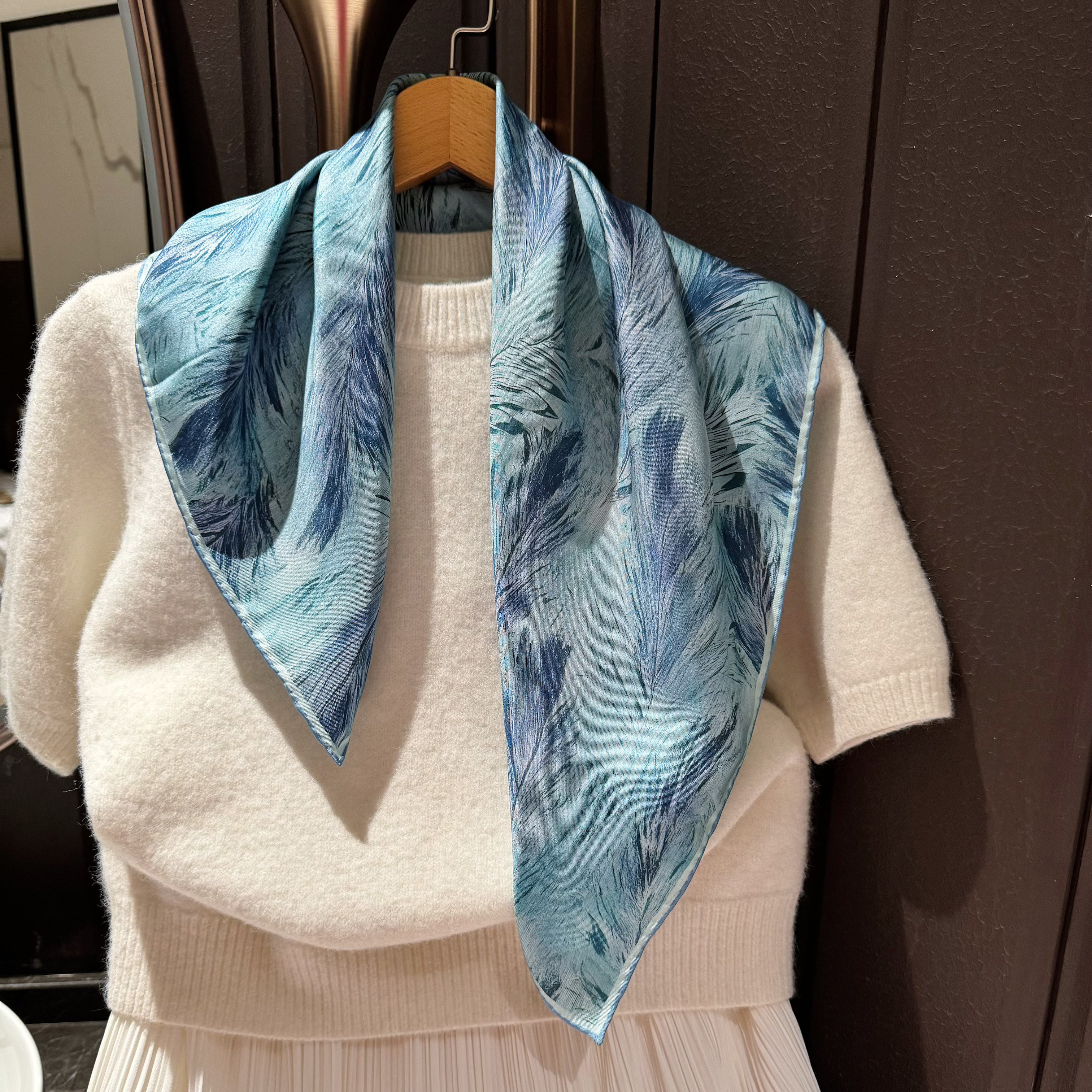 双面蓝色百搭真丝丝巾女2026新款中方巾高档斜纹100%桑蚕丝小领巾