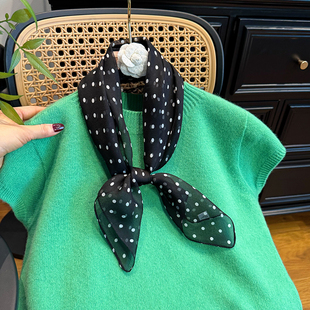黑色真丝丝巾2025新款 百搭波点中方巾100%桑蚕丝雪纺小领巾搭衬衫