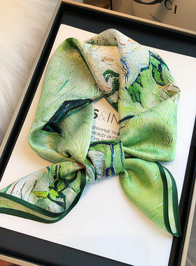 真丝丝巾春秋100%桑蚕丝65cm中方巾女百搭绿色杭州丝绸小领巾绑包