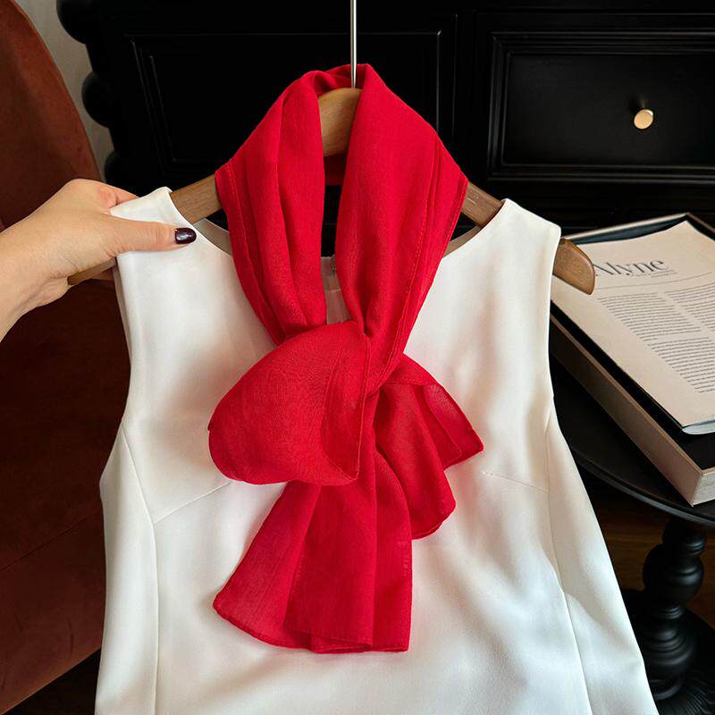 百搭红色棉麻丝巾小长条纯色围巾女春秋季2026新款韩国文艺小领巾
