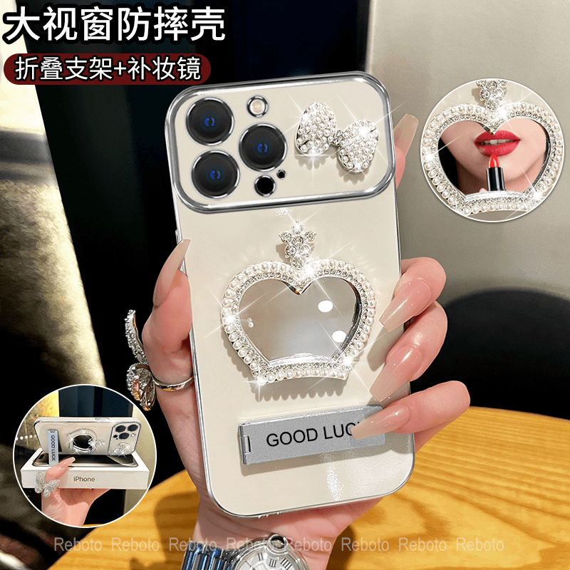 电镀大视窗皇冠补妆镜适用苹果16promax手机壳iphone15高级感P70/mate60pro荣耀200精致Reno12/VIVOS19小米13