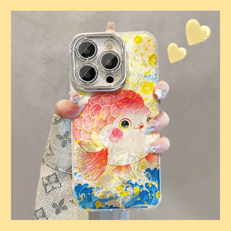 胖金鱼适用苹果16PROMAX手机壳iphone15/14PRO华为mate60pro荣耀300女Pura70精孔冰川纹OPPOReno13/S20