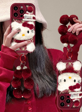 圣诞格纹毛绒KT猫适用苹果16手机壳iphone15/13新款11promax华为mate60pro女Pura70荣耀200小米14Reno12/S19