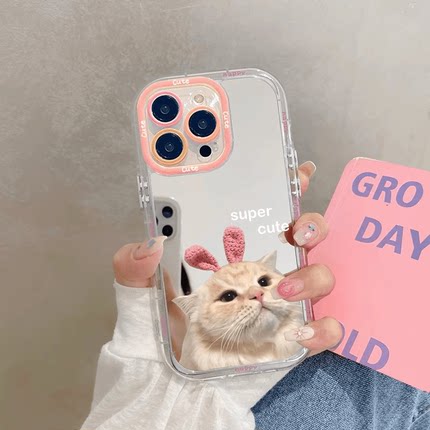 奶油镜面情侣猫咪适用OPPOReno11手机壳findx7新款reno10/9/8/7/6/5k/4SE创意a2m/a1pro女k11/k10x高级感a93s