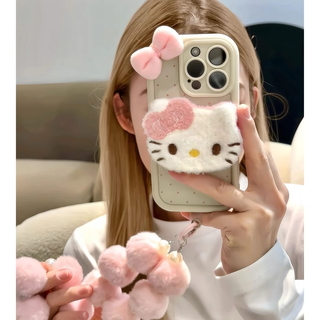 粉色毛绒凯蒂猫公仔适用苹果16promax手机壳iphone15新款华为mate60pro女P40荣耀magic7/findx8/x200/小米13