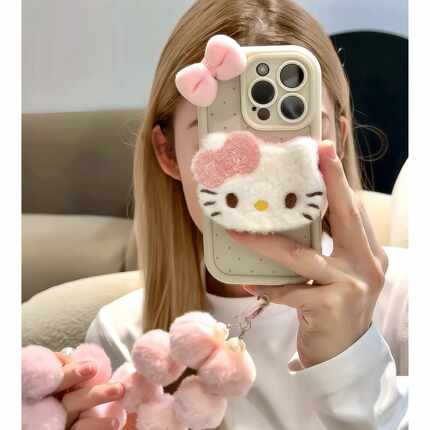 粉色毛绒Hello公仔适用苹 果16promax手机保护壳iphone15新款华为mate60pro女P40荣耀magic7/findx8/x200/小