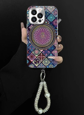 中国风图腾紫色电镀玻璃适用于苹果16Promax手机壳华为Pura80Pro新Mate70荣耀300Nova14女opopreno9小米15Viv