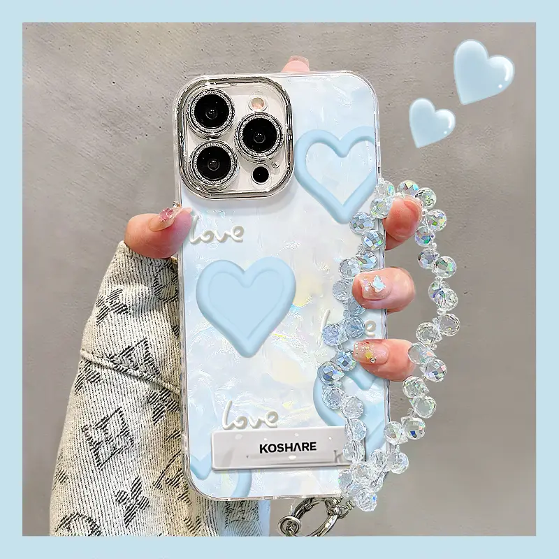 蓝色爱心贝壳纹适用苹果16promax手机壳iPhone15/14/13新款华为mate60pro镜头膜pura70手链Reno11高级x200女