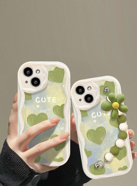 小清新绿色爱心适用华为nova11手机保护壳荣耀90/80/70新款p60pro护腕mate50保护套40e女nova10/9/8se简约x50