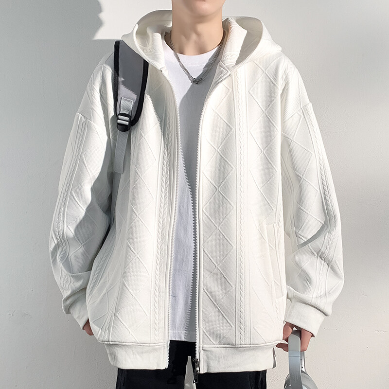 美式休闲提花开衫连帽卫衣男秋冬季新款纯色麦穗纹潮流宽松外套潮