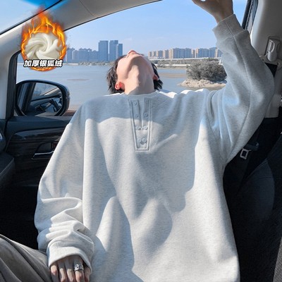 美式重磅圆领卫衣男秋冬季2025新款宽松潮牌休闲上衣大码无帽打底