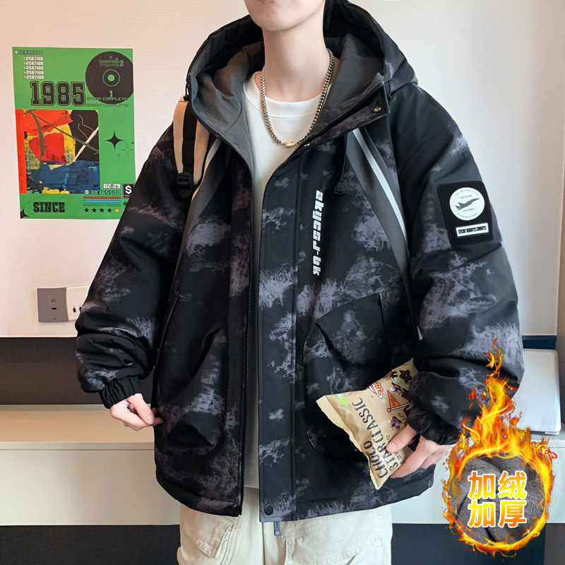 休闲夹克男春秋季2026新款大码高街加绒厚款连帽上衣美式宽松外套