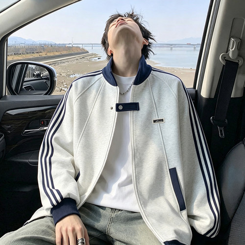 美式复古条纹立领外套男春秋季新款宽松休闲拉链开衫上衣运动夹克