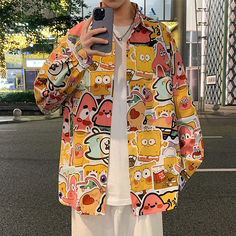 长袖衬衫男潮牌春秋季宽松高街oversize卡通港风休闲男生衬衣外套