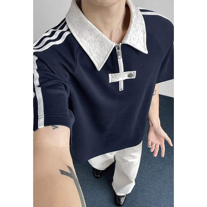 重磅POLO衫男夏季2026新款短袖T恤青少年潮牌宽松休闲拼接上衣服