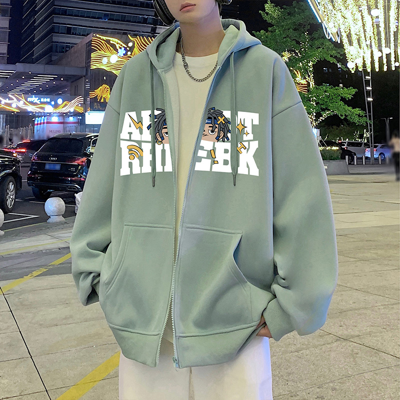 潮流宽松连帽卫衣拉链开衫外套