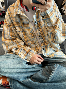 美式复古格子长袖衬衫男春秋季2026新款宽松工装衬衣oversize外套
