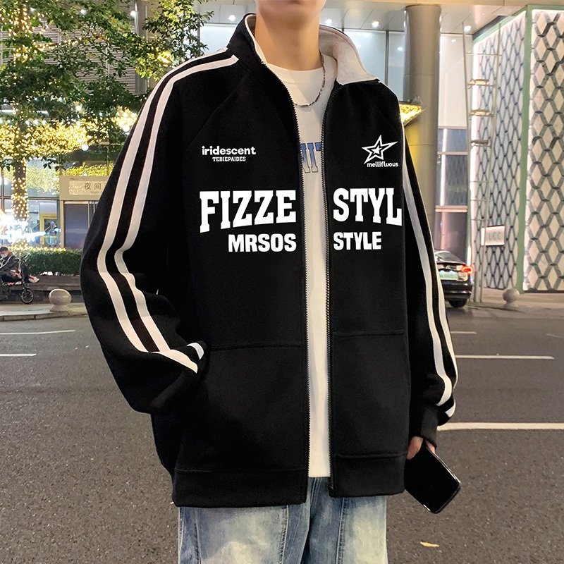 港风运动外套oversize立领开衫卫衣男秋冬季新款条纹美式休闲上衣