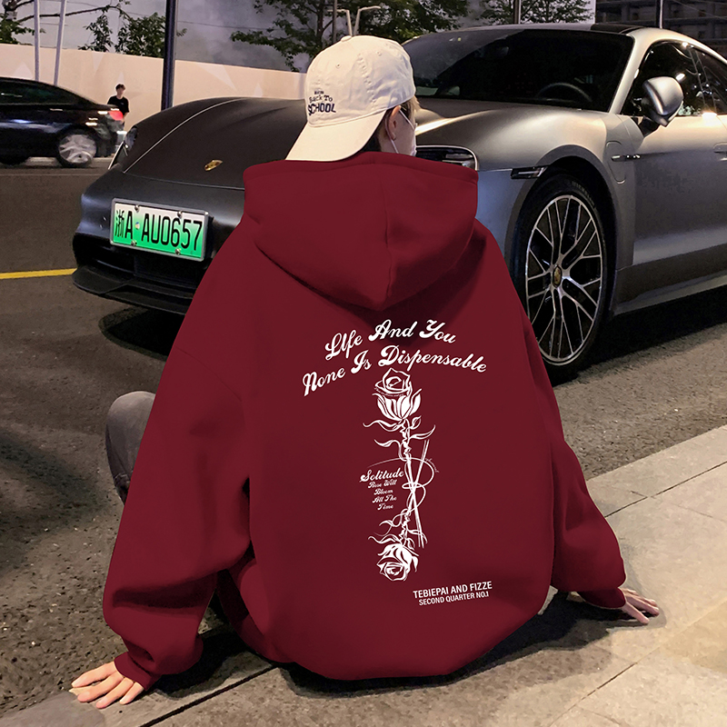 酒红色港风卫衣男春秋季玫瑰印花情侣款美式高街潮牌宽松帽衫外套
