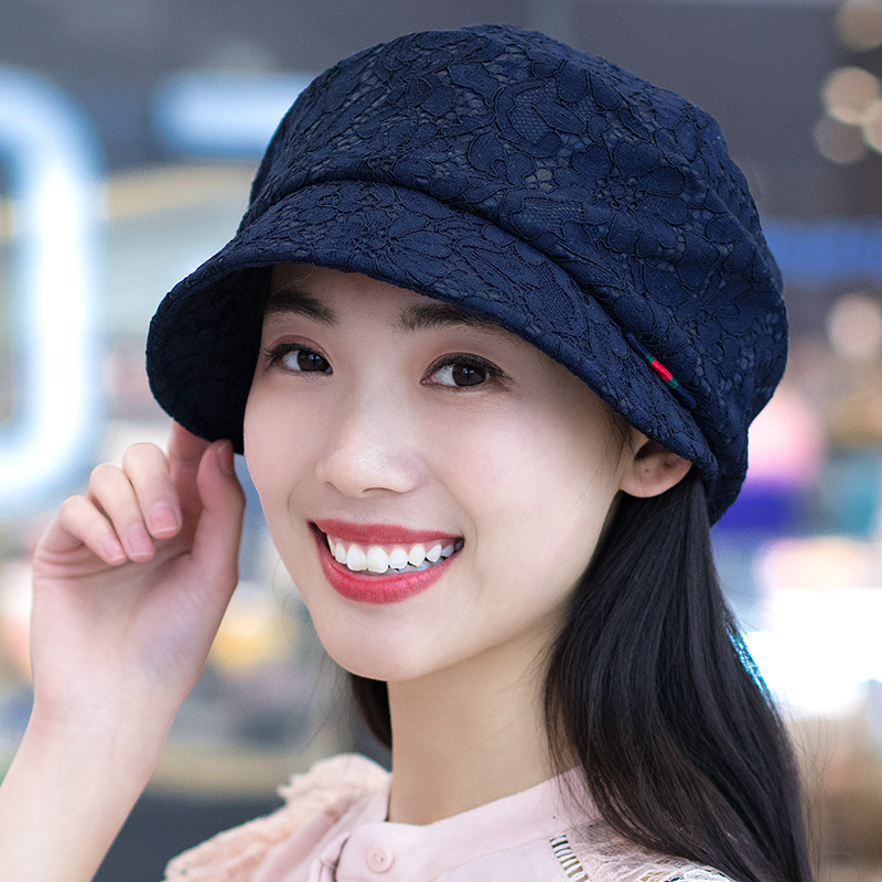 帽子女春秋韩版休闲百搭薄款蕾丝妈妈帽贝雷帽折叠简约时尚八角帽