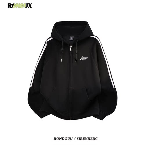 美式复古三条纹连帽开衫卫衣外套