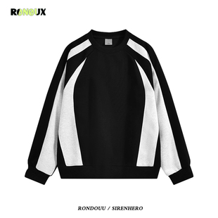 美式 卫衣男女春秋潮牌hiphop上衣外套 复古拼接撞色圆领宽松情侣装