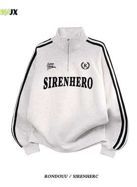 美式复古oversize潮牌三条杠半拉链立领卫衣男女宽松运动情侣外套