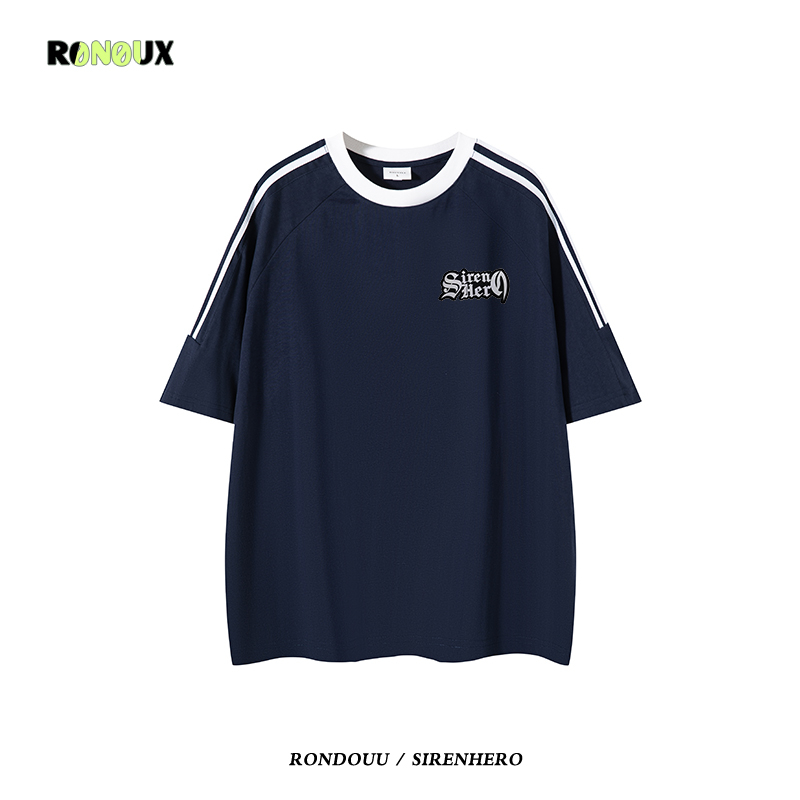 美式街头高街oversize短袖t恤男女重磅纯棉三条杠潮牌hiphop上衣