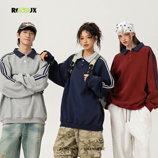 美式 复古三条杠polo领卫衣男女春秋宽松慵懒风hiphop潮牌情侣外套