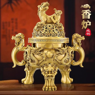 纯铜天狗香炉黄铜香薰炉家用室内三足九龙大明宣德檀香炉仿古大号
