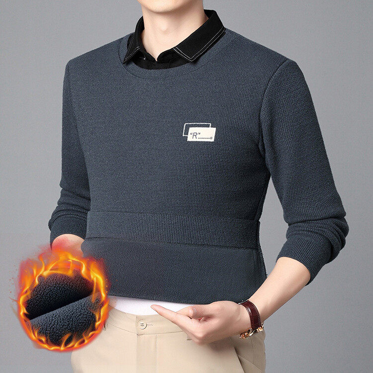 假两件毛衣男冬季加绒加厚打底衫男带领针织衫拼接内搭毛线上衣服