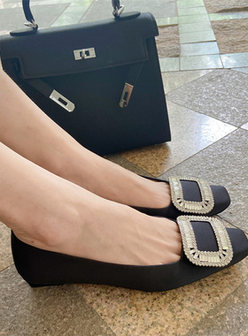 2026开春经典通勤百搭浅口女单鞋rv水钻方扣平跟方头粗跟平底女鞋