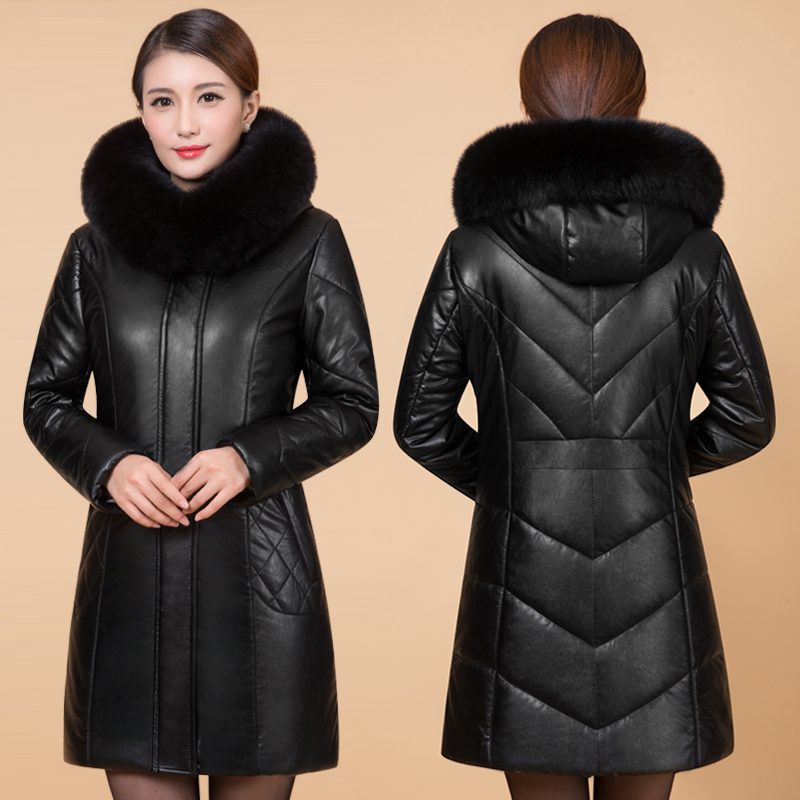 冬装新款加厚中老年女装皮衣棉服中长款大码中年妈妈装皮棉袄外套