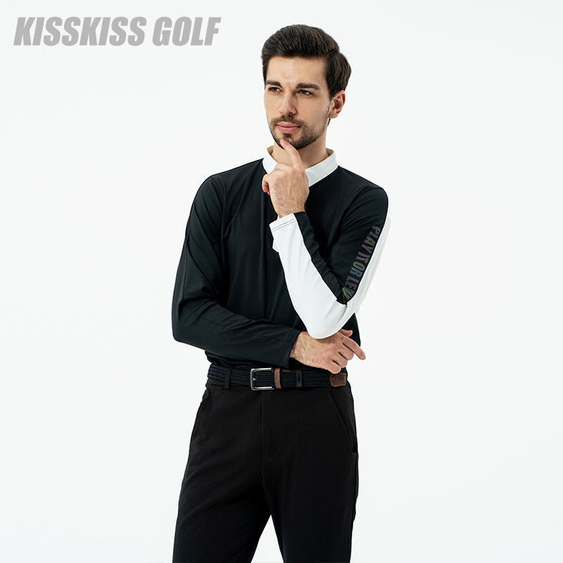 KISSKISSGOLF高尔夫男士黑白拼接长袖T恤运动休闲春秋透气POLO衫