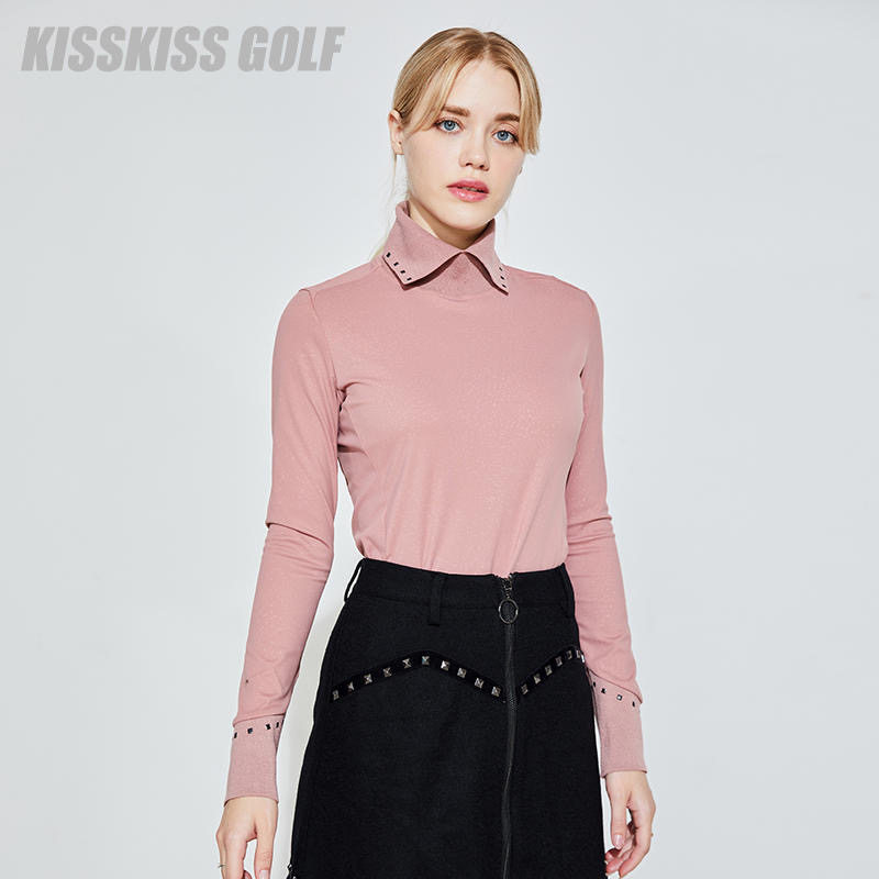 KISSKISSGOLF女士高领铆钉长袖T恤高尔夫运动休闲柔软舒适春秋T恤