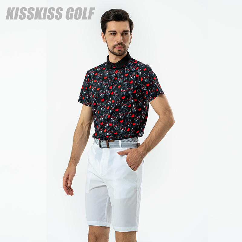KISSKISSGOLF骷髅王系列—男装红心印花短袖T恤高尔夫运动透气T恤