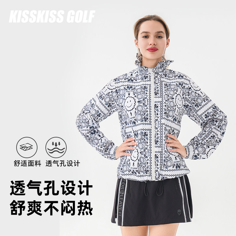 KISSKISSGOLF高尔夫女士腰果花印花防风雨衣户外运动透气时尚外套