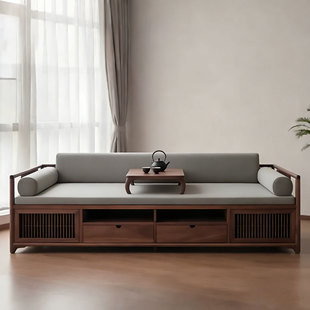 新中式实木储物沙发客厅2025新款罗汉床三人位布艺沙发胡桃木定制