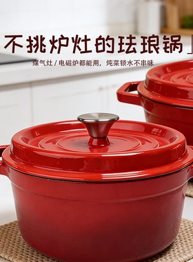 铸铁珐琅锅24cm家用炖锅各种灶炉适用煲汤锅红色带盖炖煲