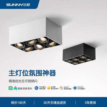 三尼 明装筒灯led吸顶式cob射灯长方形斗胆灯四头客厅无主灯照明