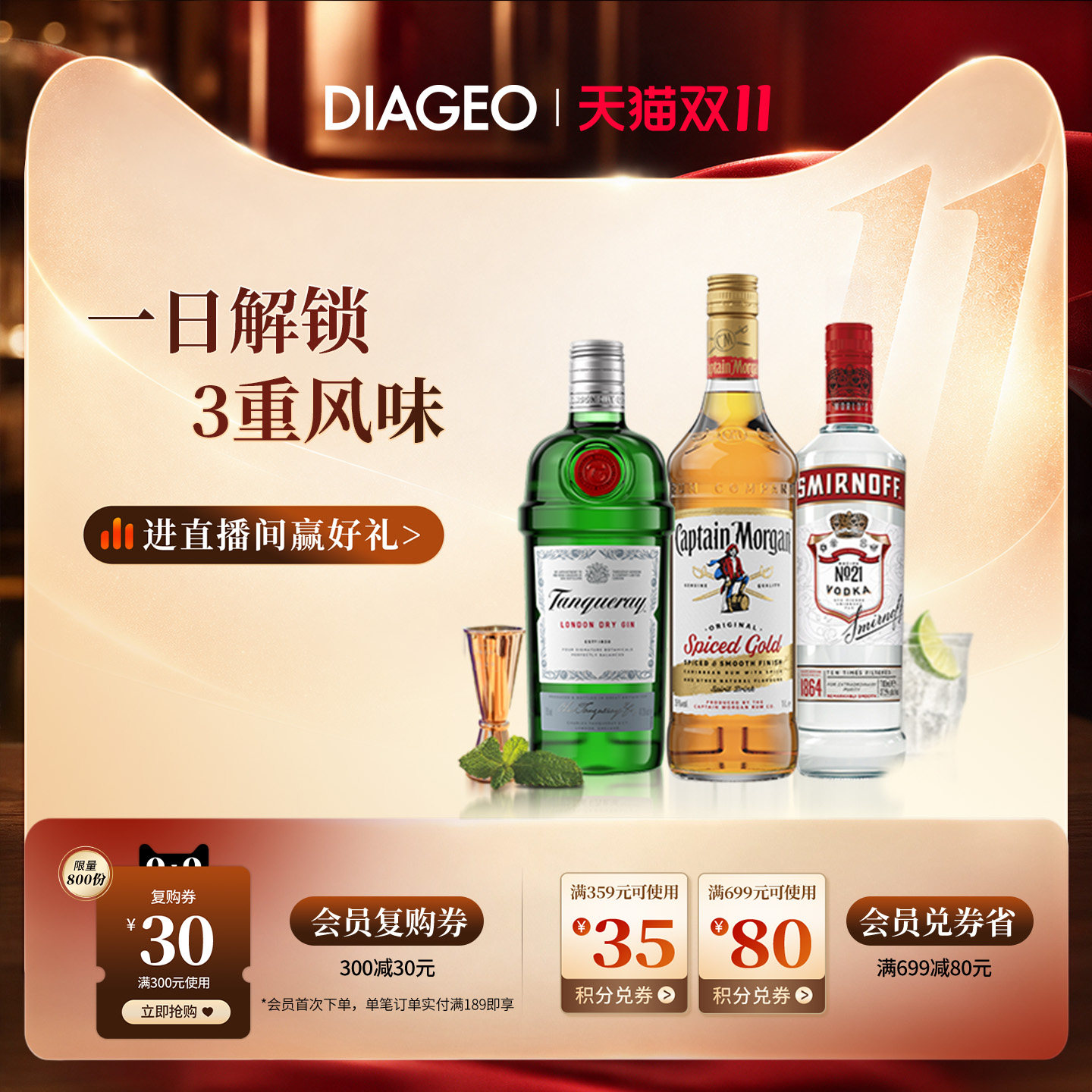 【调酒】添加利伦敦干味金酒+斯米诺红牌+摩根船长白标组合基酒