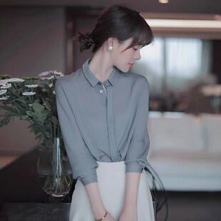 女小众衬衣职业气质上衣 翻领衬衫 2021春新款 气质简约休闲百搭长袖